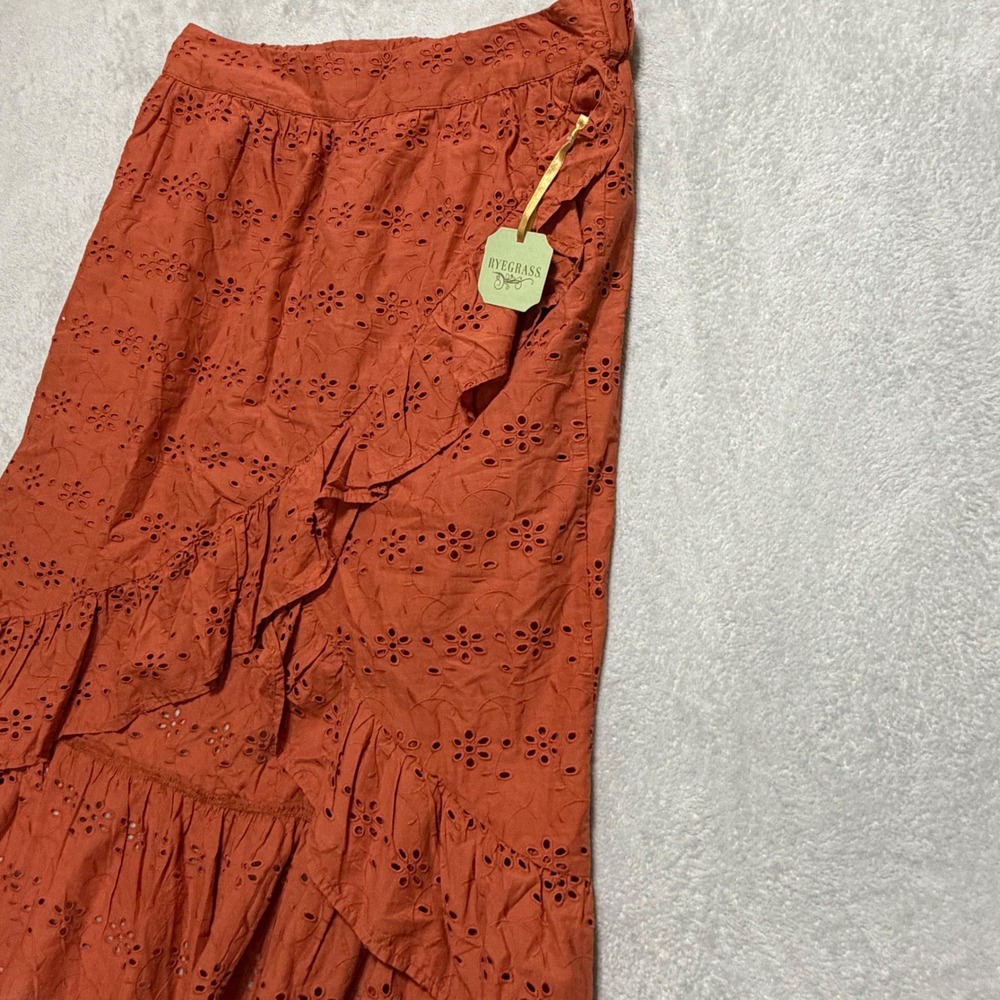 Ryegrass Eyelet Ruffle Midi Skirt Women XL Foxtail Orange Boho Cotton Autumn - Picture 4 of 10